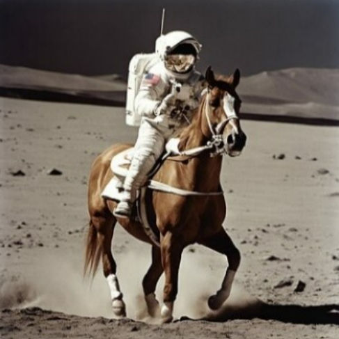 「乗馬する宇宙飛行士の写真」と指定して出力された画像